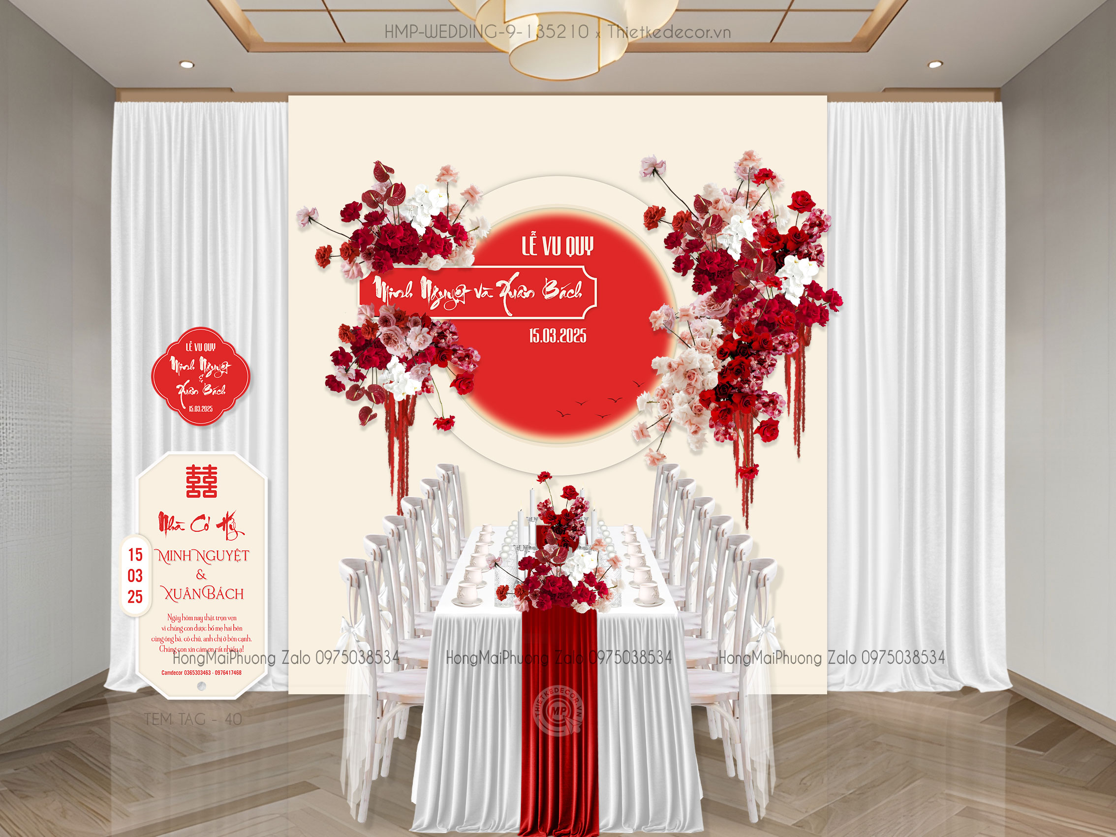 Gia tiên tone kem vòng tròn đỏ họa tiết bóng những cánh kèm tem nước và tag bàn